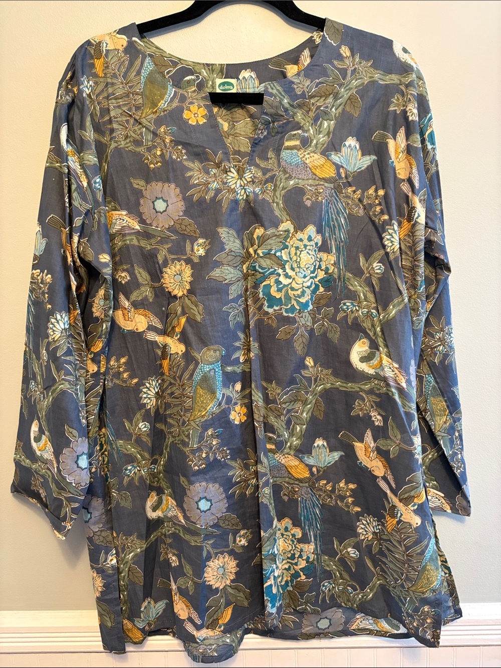 Relaxed Floral Bird Print Grey Tunic Top